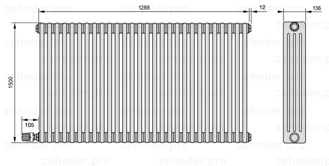 Схема (чертеж) Радиатор Zehnder Charleston 4150/28 №V004 Белый глянцевый RAL 9016